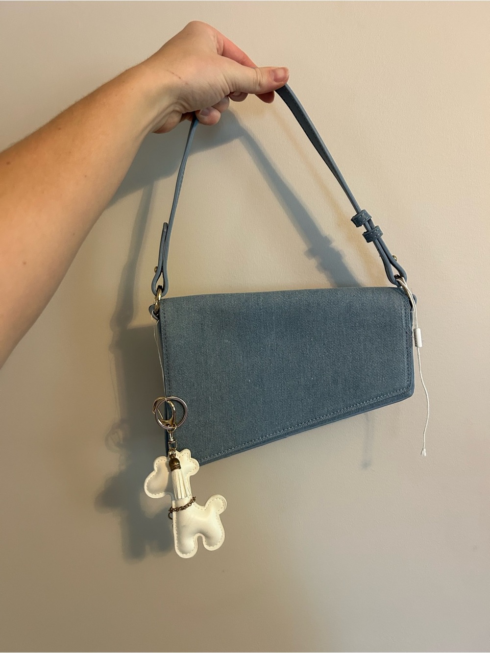 Blue Denim Shoulder Bag with Decorative Charm